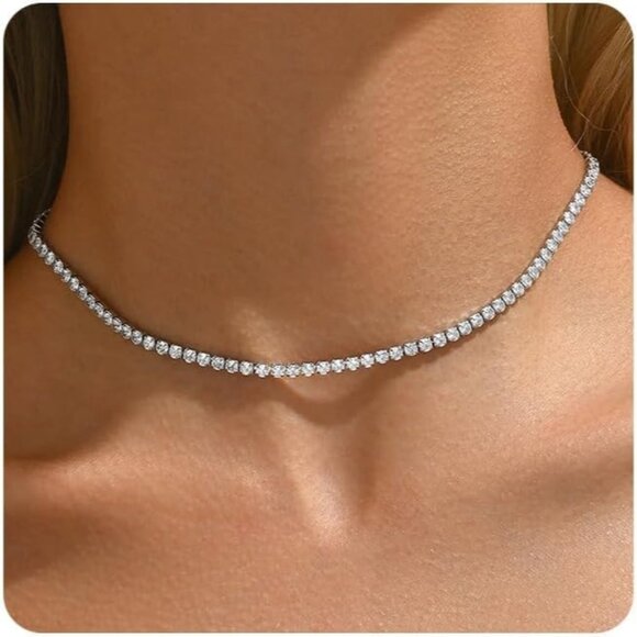 ⚡Elegant 18K Gold Plated Tennis Necklace 3mm Simulated Diamond Choker for Women - Picture 1 of 7